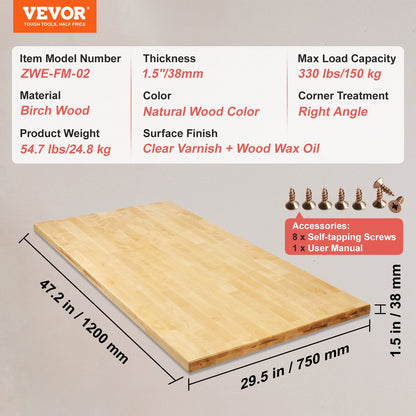 Träbordsskiva, 122 x 74 x 3,8 cm, lastkapacitet 145 kg, universellt massivt lönnträbord i ett stycke för höjdjusterbart elektriskt ståbordsstativ, rektangulär bänkskiva för hemmakontor