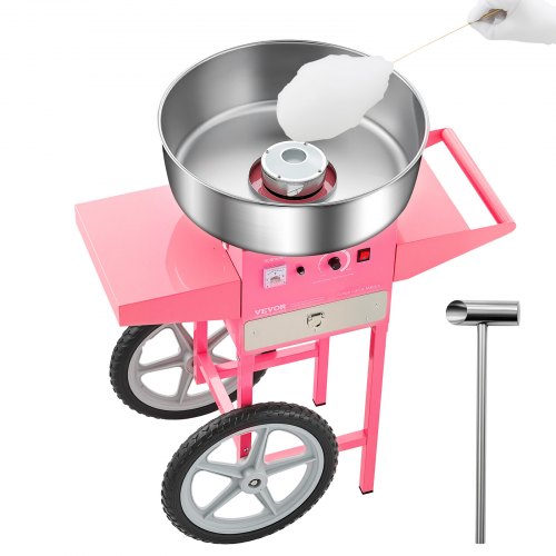 Elektrisk sockervaddsmaskin med vagn, 1000W kommersiell sockervaddsmaskin med 52 cm skål i rostfritt stål, sockerskopa och låda, lätt att använda, för hemmet, barnfödelsedagar, familjefester, rosa