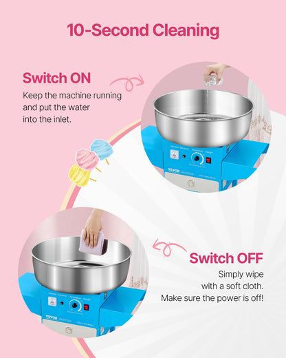Elektrisk sockervaddsmaskin med vagn, 1000W kommersiell sockervaddsmaskin med 52 cm skål i rostfritt stål, sockerskopa och låda, lätt att använda, för hemmet, barnfödelsedagar, familjefester, blå