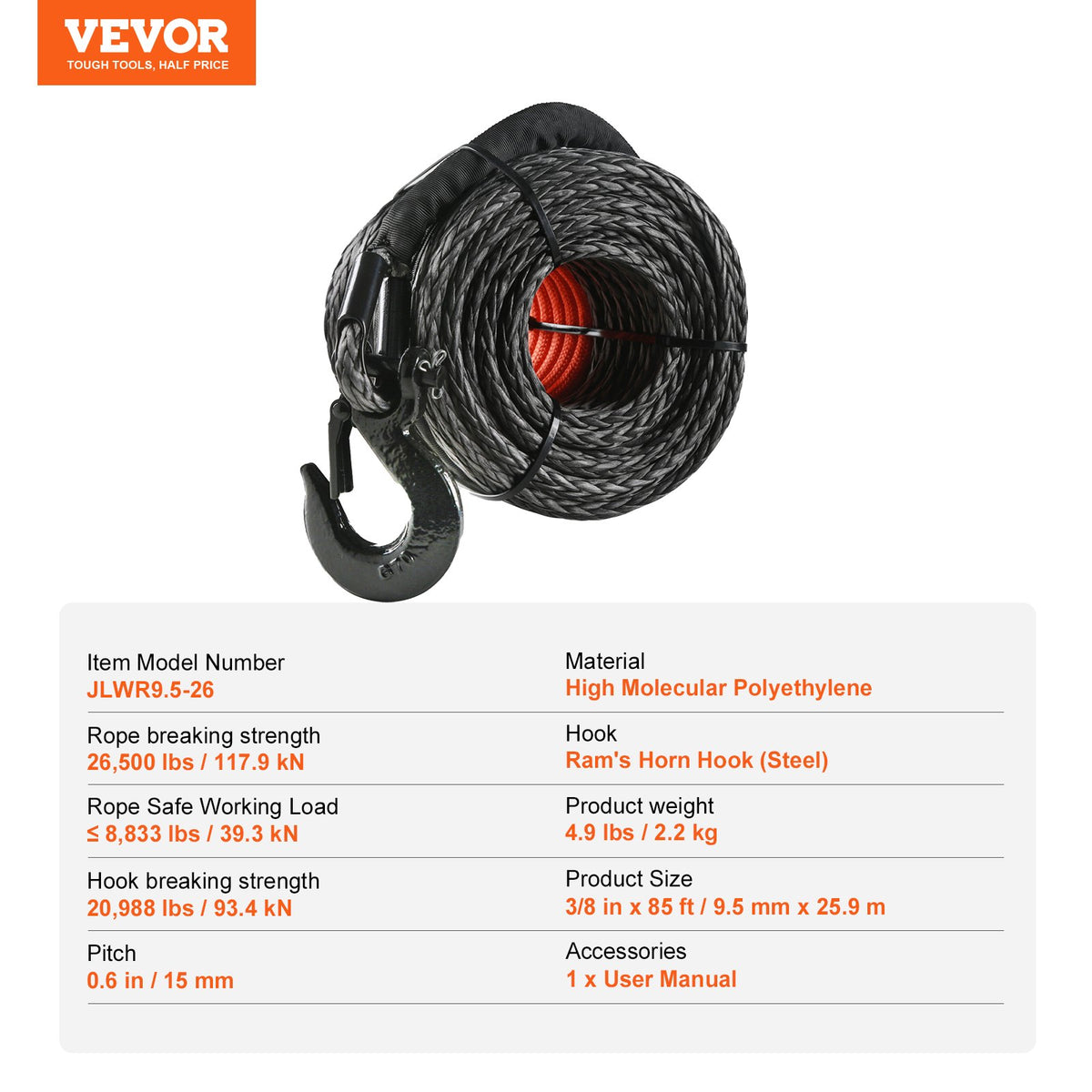 Syntetiskt vinschlina, 9,5 mm x 25,91 m 12 020 kg syntetisk vinschlina med skyddshylsa + smidd vinschkrok + dragrem, universell passform för SUV, stort terrängfordon, lastbil