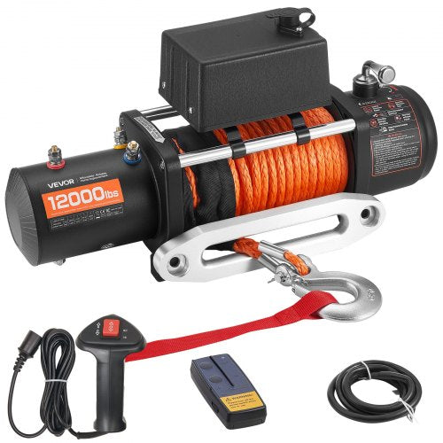 Elektrisk vinsch, 5400 kg lastkapacitet, 12V DC lastbilsvinsch med Φ9,1 mm x 23 m syntetiskt rep, trådlös och trådbunden fjärrkontroll, IP55 vattentät för bogsering av terränggående SUV, jeep, släpvagn, båt