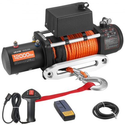 Elektrisk vinsch, 5400 kg lastkapacitet, 12V DC lastbilsvinsch med Φ9,1 mm x 23 m syntetiskt rep, trådlös och trådbunden fjärrkontroll, IP55 vattentät för bogsering av terränggående SUV, jeep, släpvagn, båt