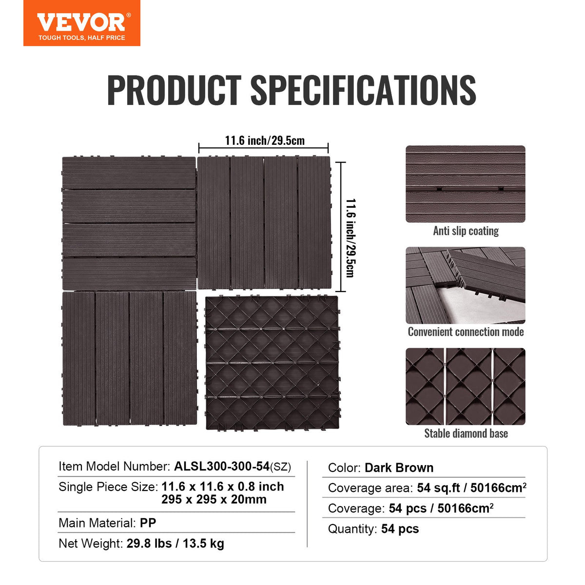 Sammankopplade altanplattor, 54-pack, 30x30 cm, 54 kvm, vattentät plast för utomhusbruk, väderbeständigt golv, altanplattor för veranda, pool, balkong, bakgård, mörkbrun