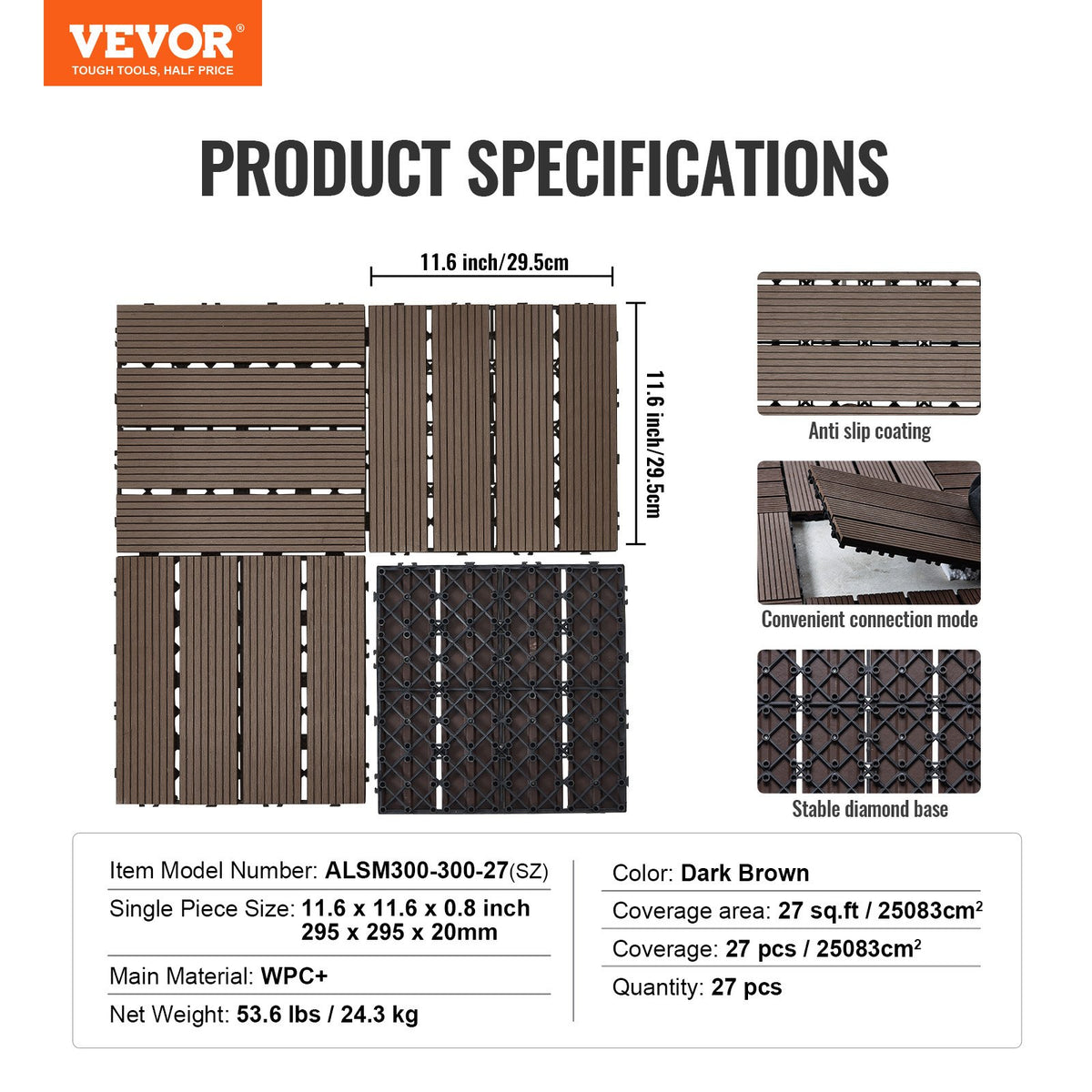 Sammankopplande altanplattor av plast, trä, 27-pack, 30x30 cm, 27 kvm, vattentät utomhusgolv, väderbeständig, altanplattor för veranda, pool, balkong, bakgård, mörkbrun