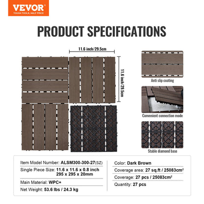 Sammankopplande altanplattor av plast, trä, 27-pack, 30x30 cm, 27 kvm, vattentät utomhusgolv, väderbeständig, altanplattor för veranda, pool, balkong, bakgård, mörkbrun