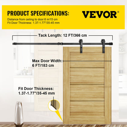 Skjutdörrssats för ladugårdsdörr, ladugårdsdörrsats 365,8 cm, sats för dubbel ladugårdsdörrsdetaljer 149,7 kg, ladugårdsdörrsskena i kolstål, skjutdörr för 4,0-4,5 cm tjocklek och 182,9 cm bred dörrpanel
