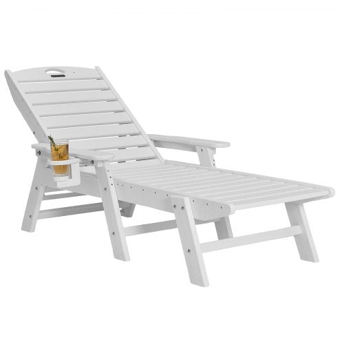 Chaise Lounge Chair, 181 kg Weight Capacity, 6 Positions Adjustable Patio Lounge Chair, Outdoor HDPE Lounge Chair with Backrest & Cup Holder, for Pool Poolside Deck Backyard Lawn, White