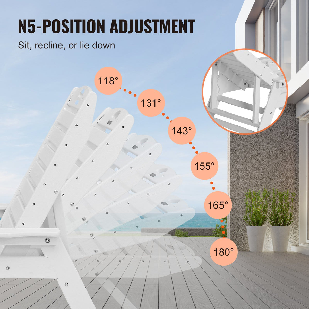 Schäslongfåtölj, 181 kg viktkapacitet, 6 positioner justerbar uteplatsloungestol, utomhus HDPE-loungestol med ryggstöd och mugghållare, för pool, pooldäck, bakgård, gräsmatta, vit