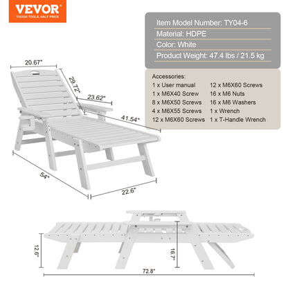 Schäslongfåtölj, 181 kg viktkapacitet, 6 positioner justerbar uteplatsloungestol, utomhus HDPE-loungestol med ryggstöd och mugghållare, för pool, pooldäck, bakgård, gräsmatta, vit