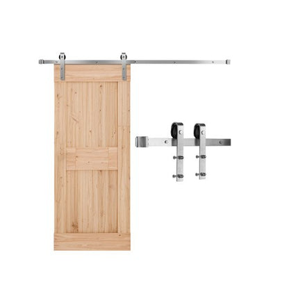 1,8 m skjutdörrssats för ladugårdsdörrar, viktkapacitet 147 kg, kompatibel med maxbredd 91 cm och tjocklek 4,5 till 3,7 cm, enkel skjutdörr, hållbar skena och J-formad rulle, silverfärgad