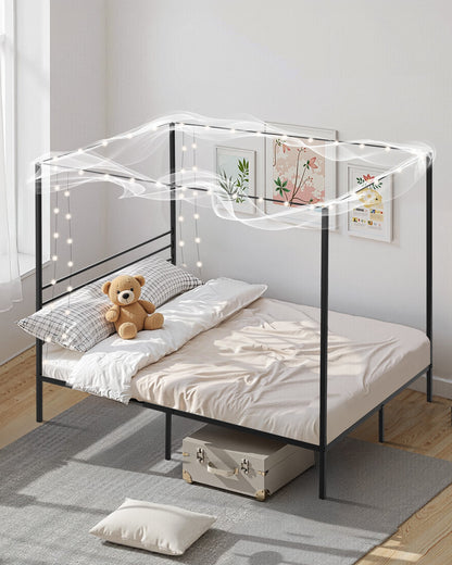 Fullstor himmelssängram, metallhimmelsäng med himmelssängdesign, kraftiga stållameller, förvaringsutrymme under sängen, ingen boxmadrass behövs, enkel montering, svart
