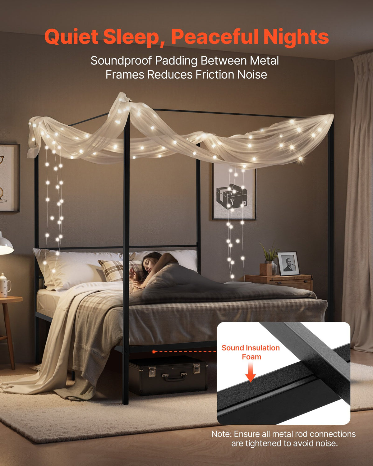 Queen Size Canopy Bed Frame, Metal Canopy Bed with Four Posters Design, Heavy Duty Steel Slats Support, Underbed Storage Space, No Box Spring Needed, Easy Assembly, Black