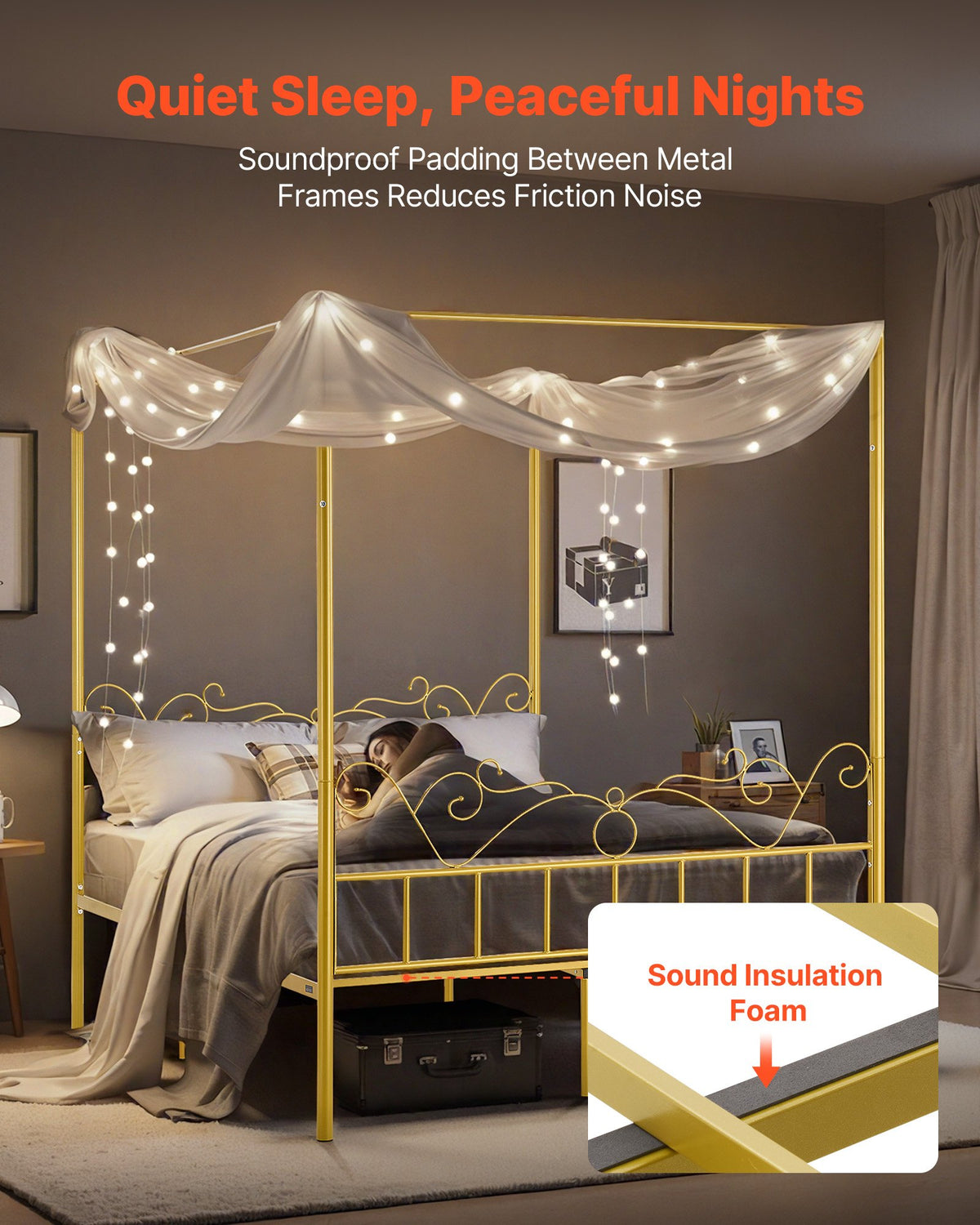 Queen size himmelssängram, metallhimmelsäng med minimalistisk huvudgavel och himmelssängdesign, kraftiga stålribbor, förvaringsutrymme under sängen, ingen boxmadrass behövs, enkel montering, guld