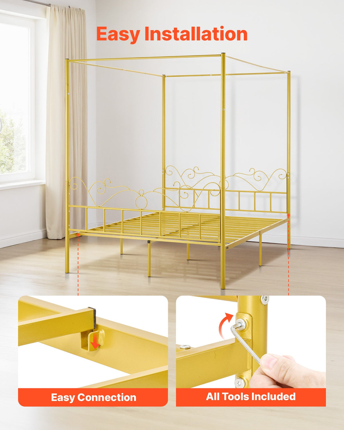 Queen size himmelssängram, metallhimmelsäng med minimalistisk huvudgavel och himmelssängdesign, kraftiga stålribbor, förvaringsutrymme under sängen, ingen boxmadrass behövs, enkel montering, guld