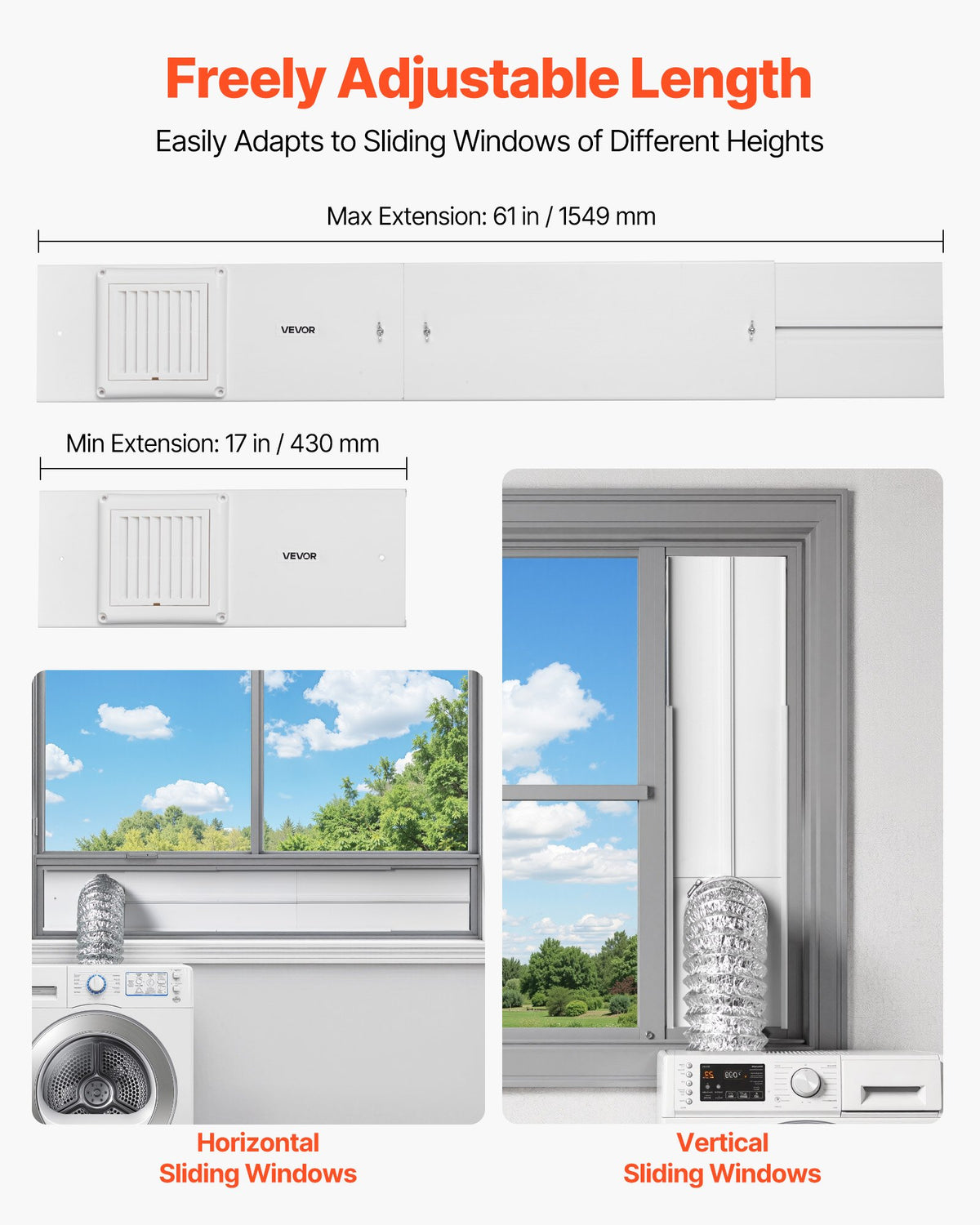 Dryer Vent Window Kit, Fits 101.6 mm Exhaust Hoses, Adjustable Length for Adapts Sliding Windows of Different Heights, Sturdy PVC and PP Materials, Dual Protections & Multi-layer Sealing Design