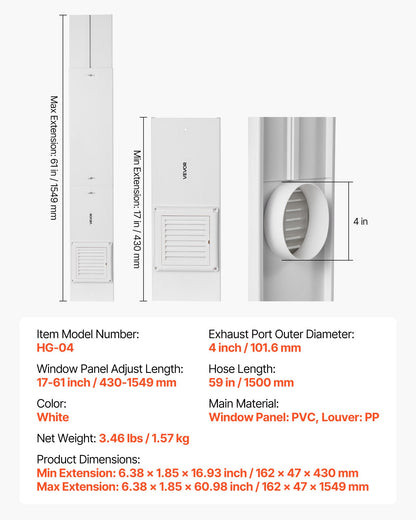 Dryer Vent Window Kit, Fits 101.6 mm Exhaust Hoses, Adjustable Length for Adapts Sliding Windows of Different Heights, Sturdy PVC and PP Materials, Dual Protections & Multi-layer Sealing Design