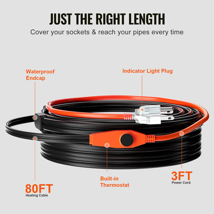 Rörvärmekabel, 25m 23W/m värmetejp för rör med inbyggd termostat, värmekabel för vattenrör skyddar PVC-slang, metall- och plaströr från frysning