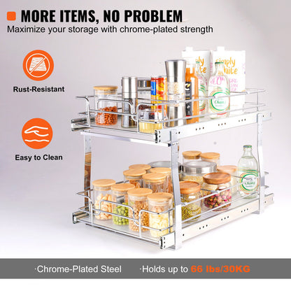 2-våningars utdragbar skåporganisatör 14"B x 21"D x 15"H, kraftiga utdragbara skafferihyllor, utdragbara stållådor, förvaring med skjutbara lådor för hemmet, 15,5"B x 22"D x 18"H installationsstorlek för skåp