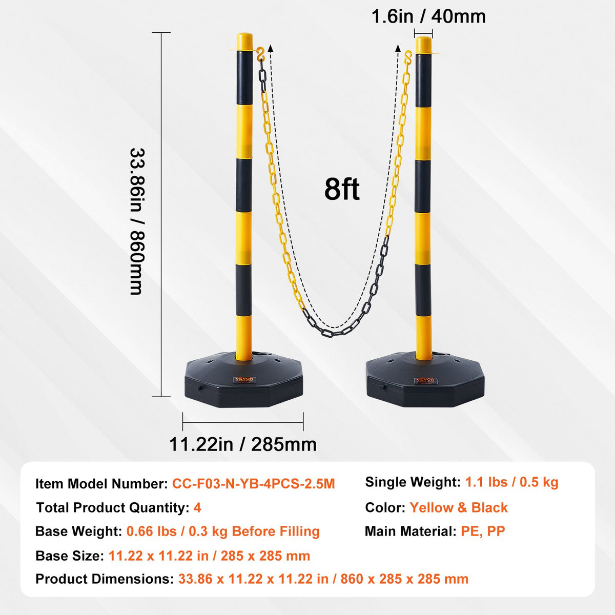 Justerbara trafikavgränsningskoner, 4-pack, trafiksäkerhetsavgränsare med fyllbar bas 8FT kätting, för trafikkontroll, varning, parkeringsplats, byggvarning, vägar, gul och svart