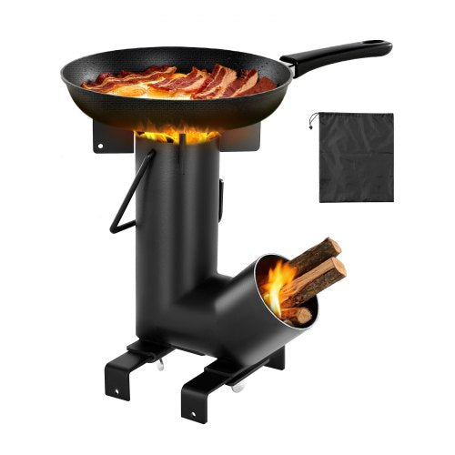 Camping Rocket Stove, Wood Burning Portable Rocket Stove with Carrying Bag for Backpacking, Carbon Steel, Burn Wood, Twigs or Sticks for Outdoor Cooking, Backyard, Camp Cooking, Heating, Black