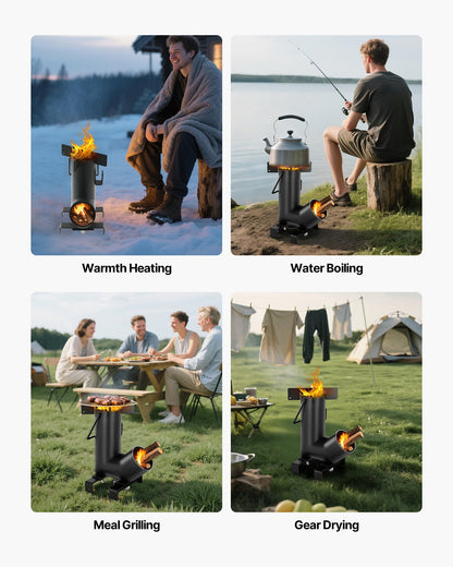 Camping Rocket Stove, Wood Burning Portable Rocket Stove with Carrying Bag for Backpacking, Carbon Steel, Burn Wood, Twigs or Sticks for Outdoor Cooking, Backyard, Camp Cooking, Heating, Black