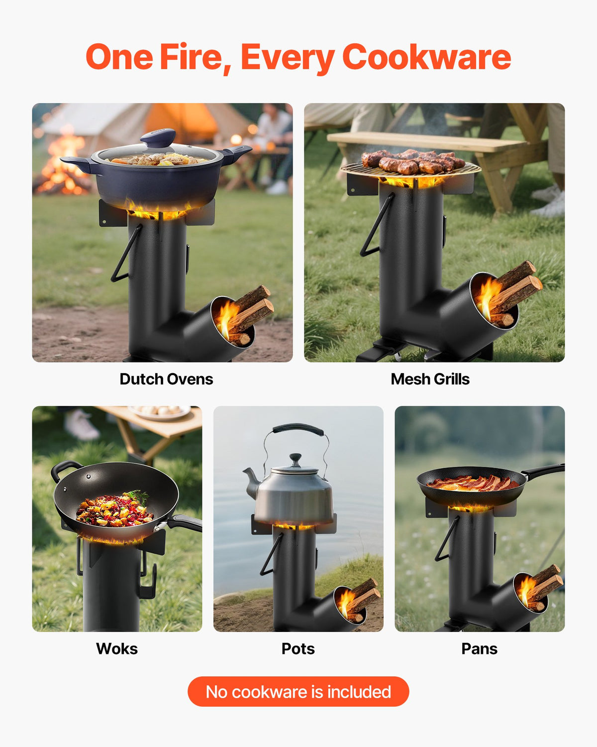 Camping Rocket Stove, Wood Burning Portable Rocket Stove with Carrying Bag for Backpacking, Carbon Steel, Burn Wood, Twigs or Sticks for Outdoor Cooking, Backyard, Camp Cooking, Heating, Black