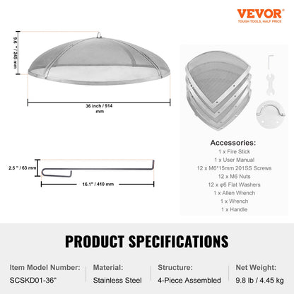 Fire Pit Spark Screen Round 36", Reinforced Heavy Duty Steel Metal Cover, Outdoor Firepit Lid, Easy-Opening Top Screen Covers Round with Ring Handle for Outdoor Patio Fire Pits Backyard