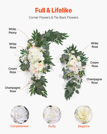 Konstgjorda bröllopsblommor, vita bröllopsblommor med draperier (3-pack) - 2 st blomsterarrangemang, 1 st transparenta draperier, för ceremonibuketter, mottagningsbakgrundsdekoration