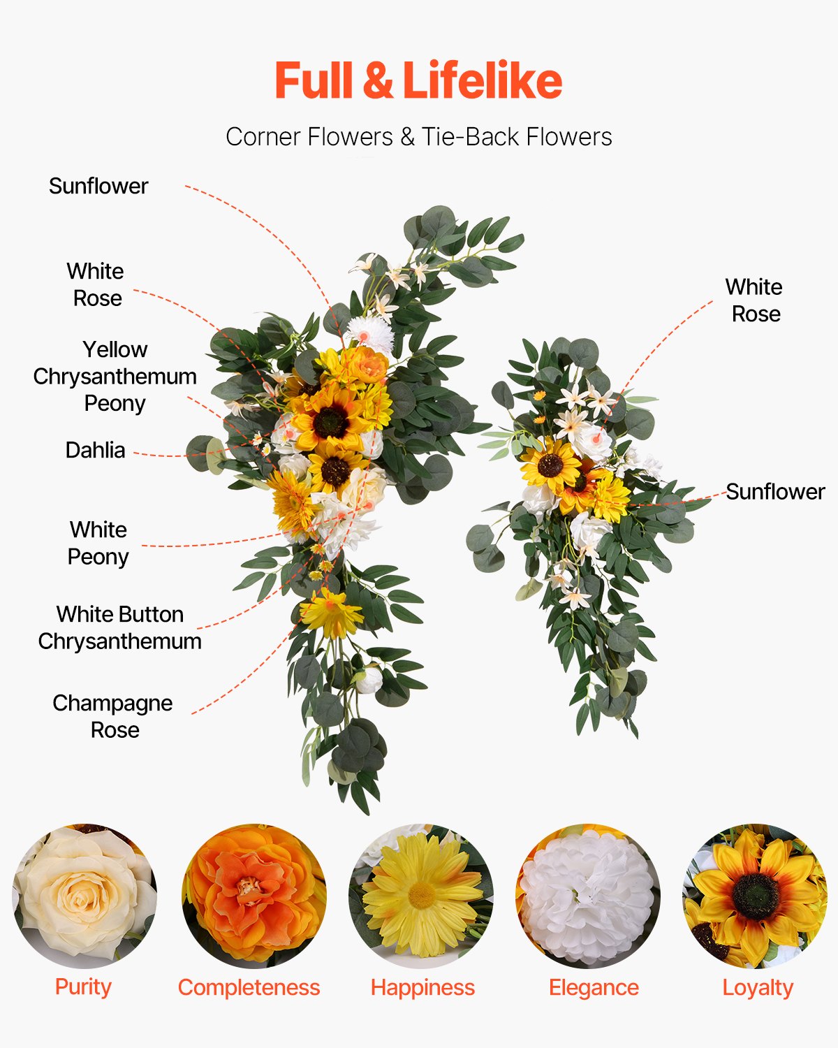 Artificial Wedding Arch Flowers Kit, Yellow Wedding Arch Flowers with Drapes Kit (Pack of 3) - 2 Pcs Floral Arrangement, 1 Pcs Sheer Drapes, for Ceremony Bouquets Reception Backdrop Decoration