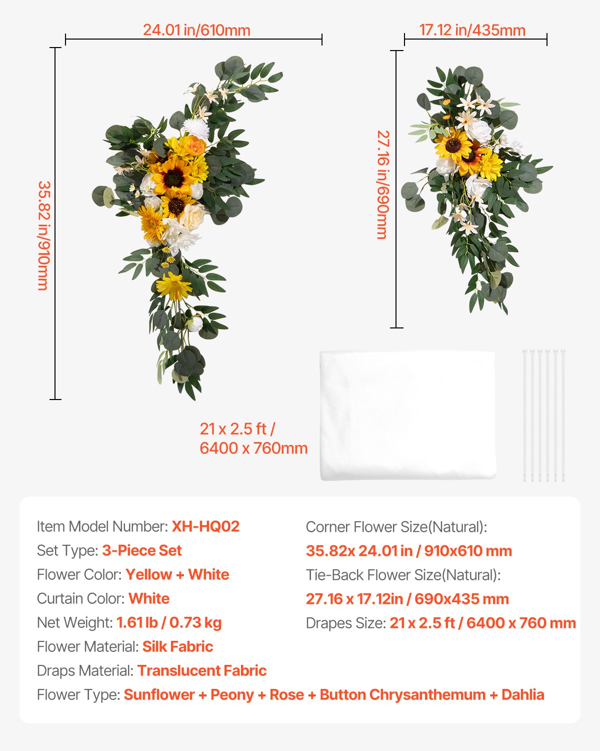 Artificial Wedding Arch Flowers Kit, Yellow Wedding Arch Flowers with Drapes Kit (Pack of 3) - 2 Pcs Floral Arrangement, 1 Pcs Sheer Drapes, for Ceremony Bouquets Reception Backdrop Decoration