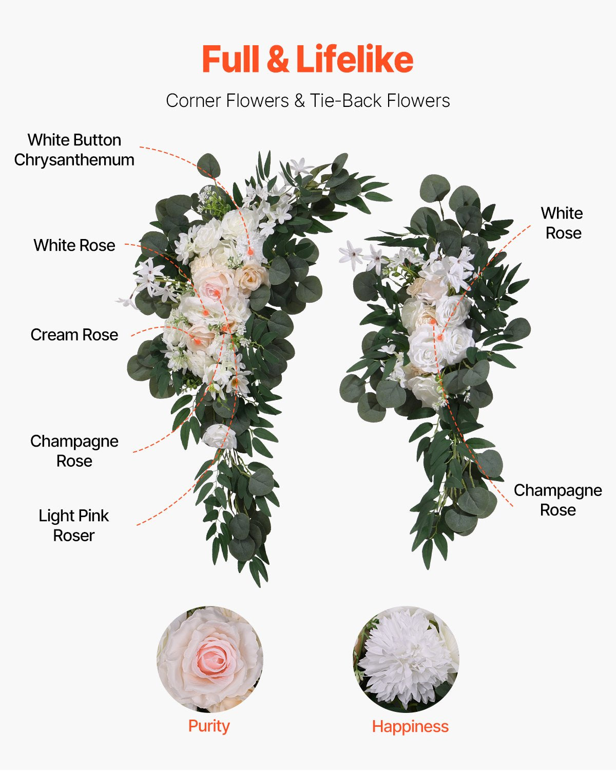 Konstgjorda bröllopsblommor, vita bröllopsblommor med draperier (4-pack) - 2 st blomsterarrangemang, 2 st transparenta draperier, för ceremonibuketter, mottagningsbakgrund