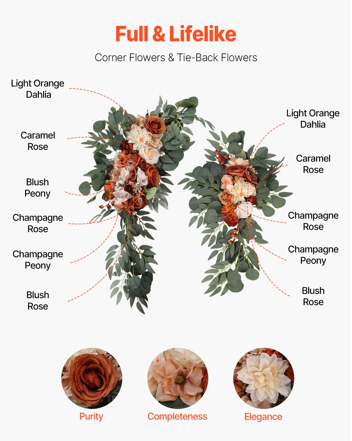 Konstgjorda bröllopsblommor, orange bröllopsblommor med draperier (4-pack) - 2 st blomsterarrangemang, 2 st transparenta draperier, för ceremonibuketter, mottagningsbakgrund