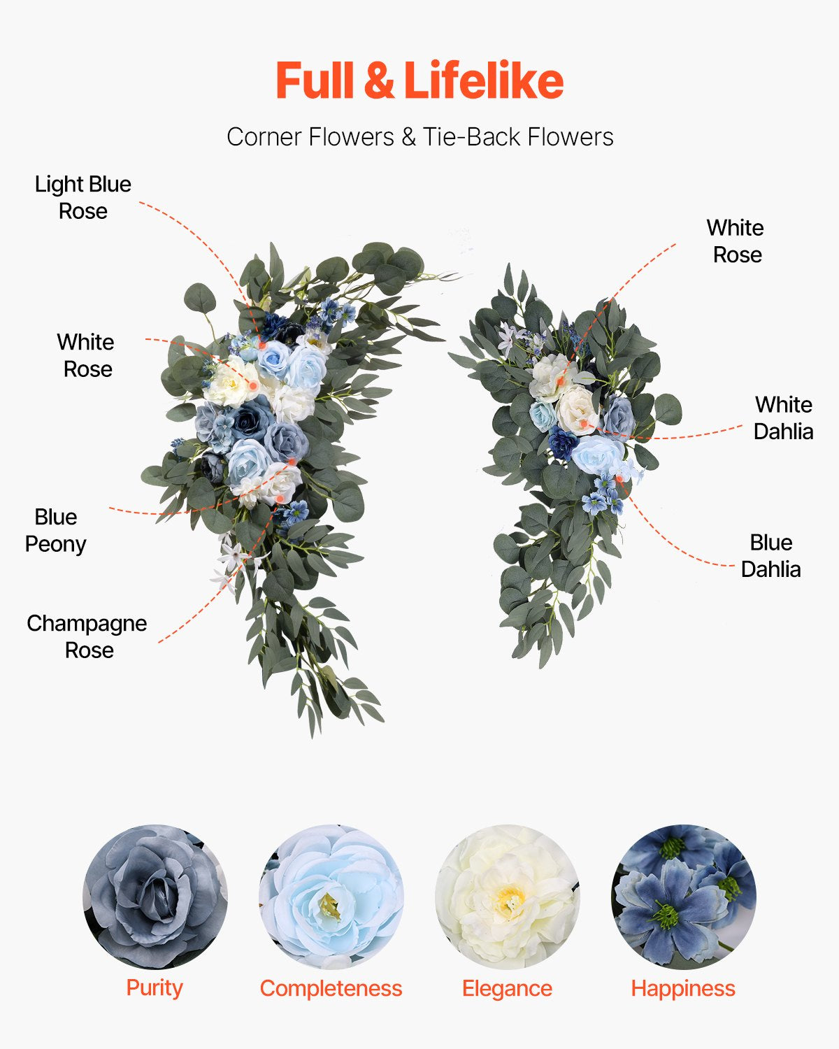 Konstgjorda bröllopsblommor, blå bröllopsblommor med draperier (4-pack) - 2 st blomsterarrangemang, 2 st transparenta draperier, för ceremonibuketter, mottagningsbakgrund