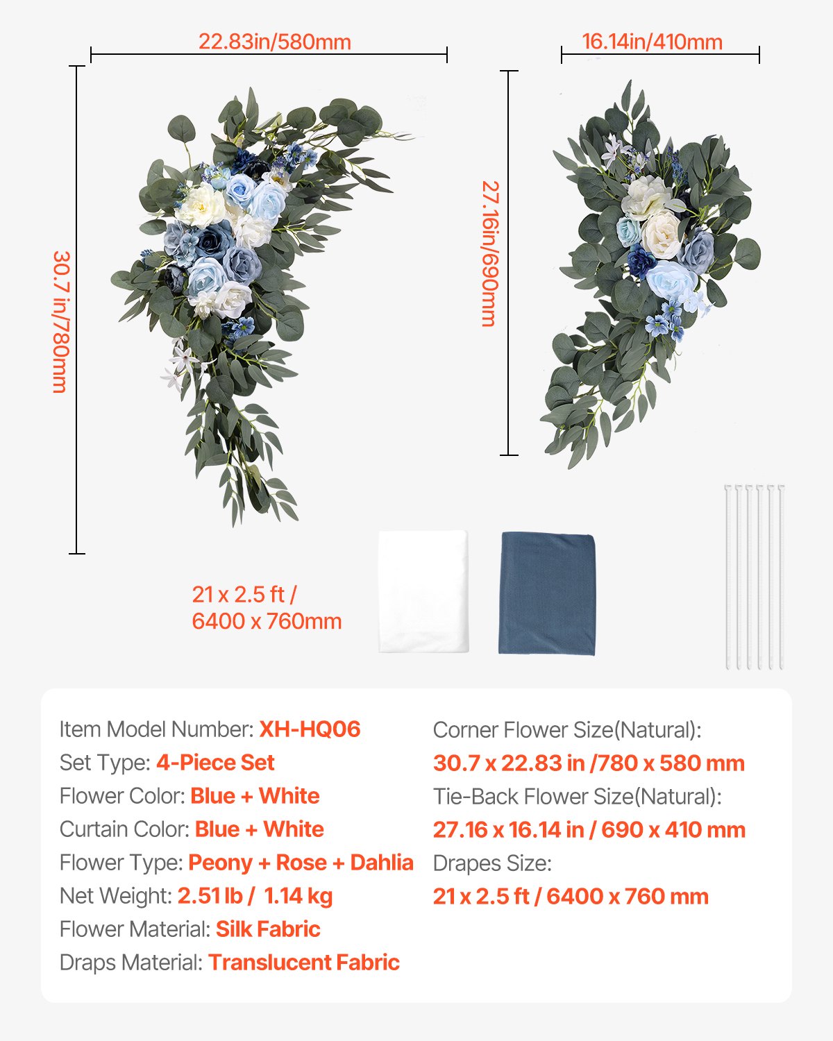 Konstgjorda bröllopsblommor, blå bröllopsblommor med draperier (4-pack) - 2 st blomsterarrangemang, 2 st transparenta draperier, för ceremonibuketter, mottagningsbakgrund
