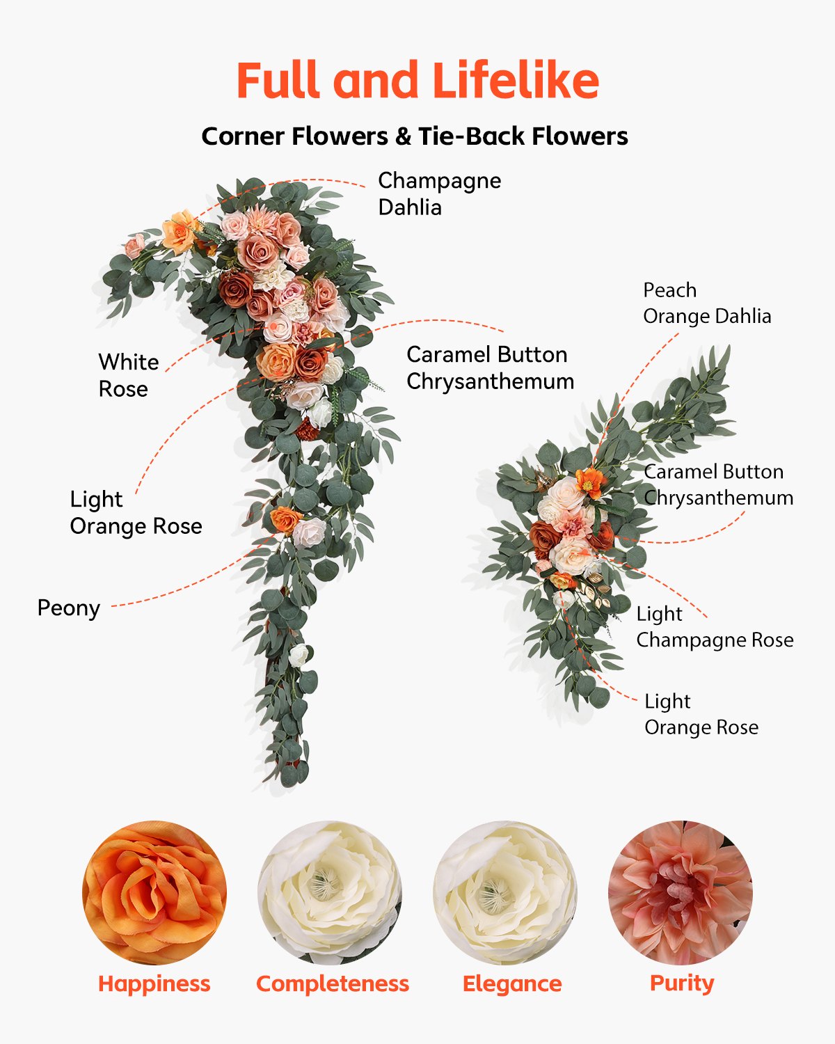 Konstgjorda bröllopsblommor, orange bröllopsblommor med draperier (5-pack) - 2 st blomsterarrangemang, 3 st transparenta draperier, för ceremonibuketter, mottagningsbakgrundsdekoration