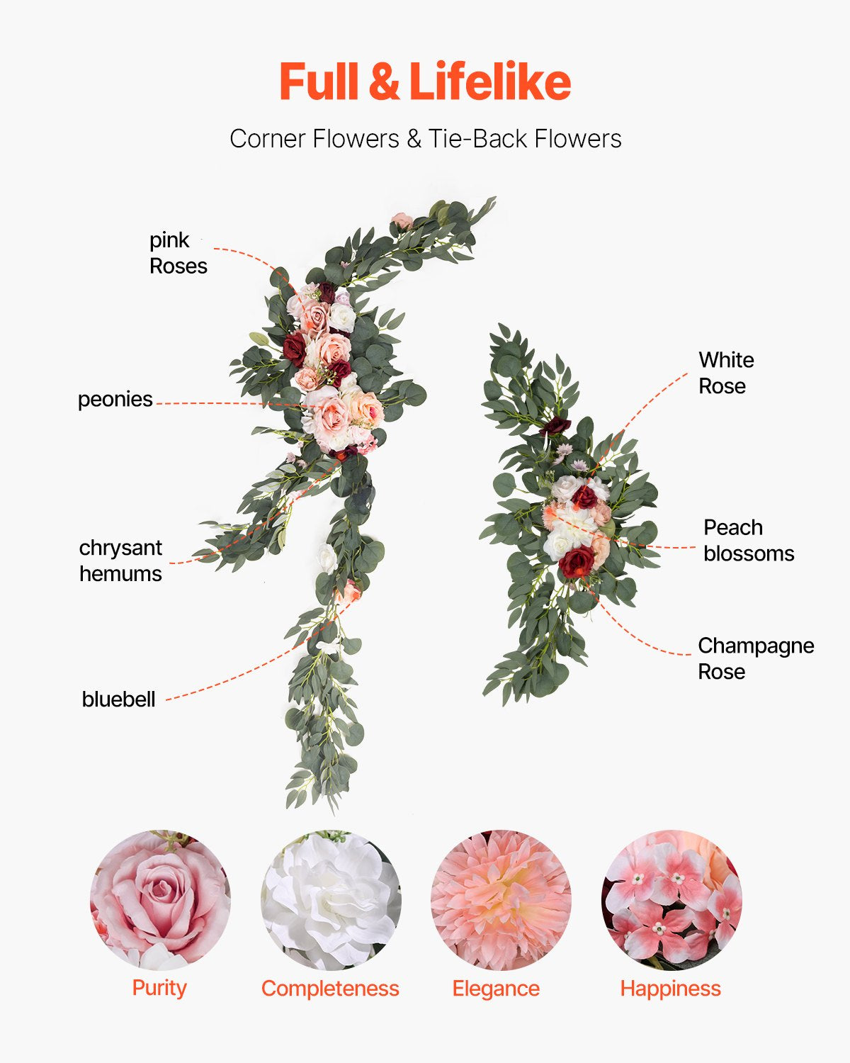 Konstgjorda bröllopsblommor, rosa bröllopsblommor med draperier (5-pack) - 2 st blomsterarrangemang, 3 st transparenta draperier, för ceremonibuketter, mottagningsbakgrund