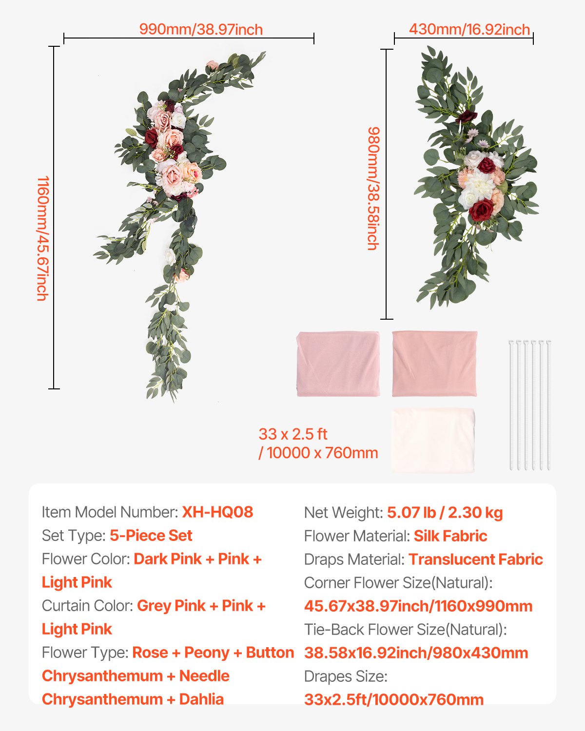 Konstgjorda bröllopsblommor, rosa bröllopsblommor med draperier (5-pack) - 2 st blomsterarrangemang, 3 st transparenta draperier, för ceremonibuketter, mottagningsbakgrund