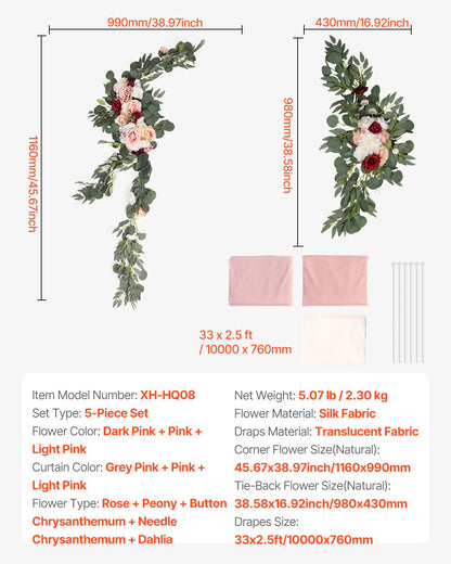Konstgjorda bröllopsblommor, rosa bröllopsblommor med draperier (5-pack) - 2 st blomsterarrangemang, 3 st transparenta draperier, för ceremonibuketter, mottagningsbakgrund