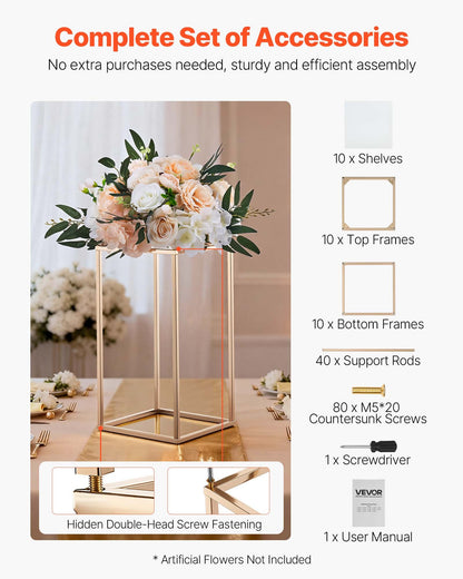 Wedding Flower Stand, 10PCS 40cm Column Flower Stand, Floral Stands with Acrylic Laminate, Gold Rectangular Floral Display Rack for Wedding, Party, Birthday, Home, Gold Centerpiece Stands