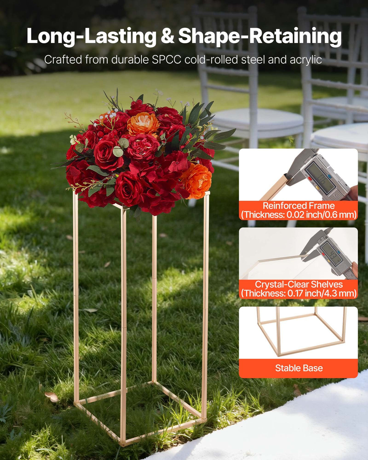 Wedding Flower Stand, 10PCS 60cm Column Flower Stand, Floral Stands with Acrylic Laminate, Gold Rectangular Floral Display Rack for Wedding, Party, Birthday, Home, Gold Centerpiece Stands
