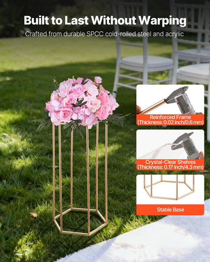 Wedding Flower Stand, 10PCS 60cm Column Flower Stand, Floral Stands with Acrylic Laminate, Hexagonal Cubic Floral Display Rack for Wedding, Party, Birthday, Home, Gold Centerpiece Stands