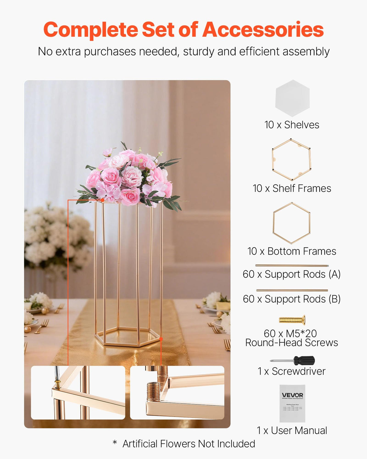 Wedding Flower Stand, 10PCS 60cm Column Flower Stand, Floral Stands with Acrylic Laminate, Hexagonal Cubic Floral Display Rack for Wedding, Party, Birthday, Home, Gold Centerpiece Stands