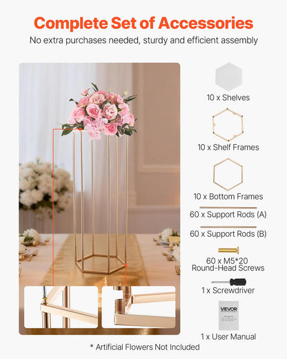 Wedding Flower Stand, 10PCS 80cm Column Flower Stand, Floral Stands with Acrylic Laminate, Hexagonal Cubic Floral Display Rack for Wedding, Party, Birthday, Home, Gold Centerpiece Stands