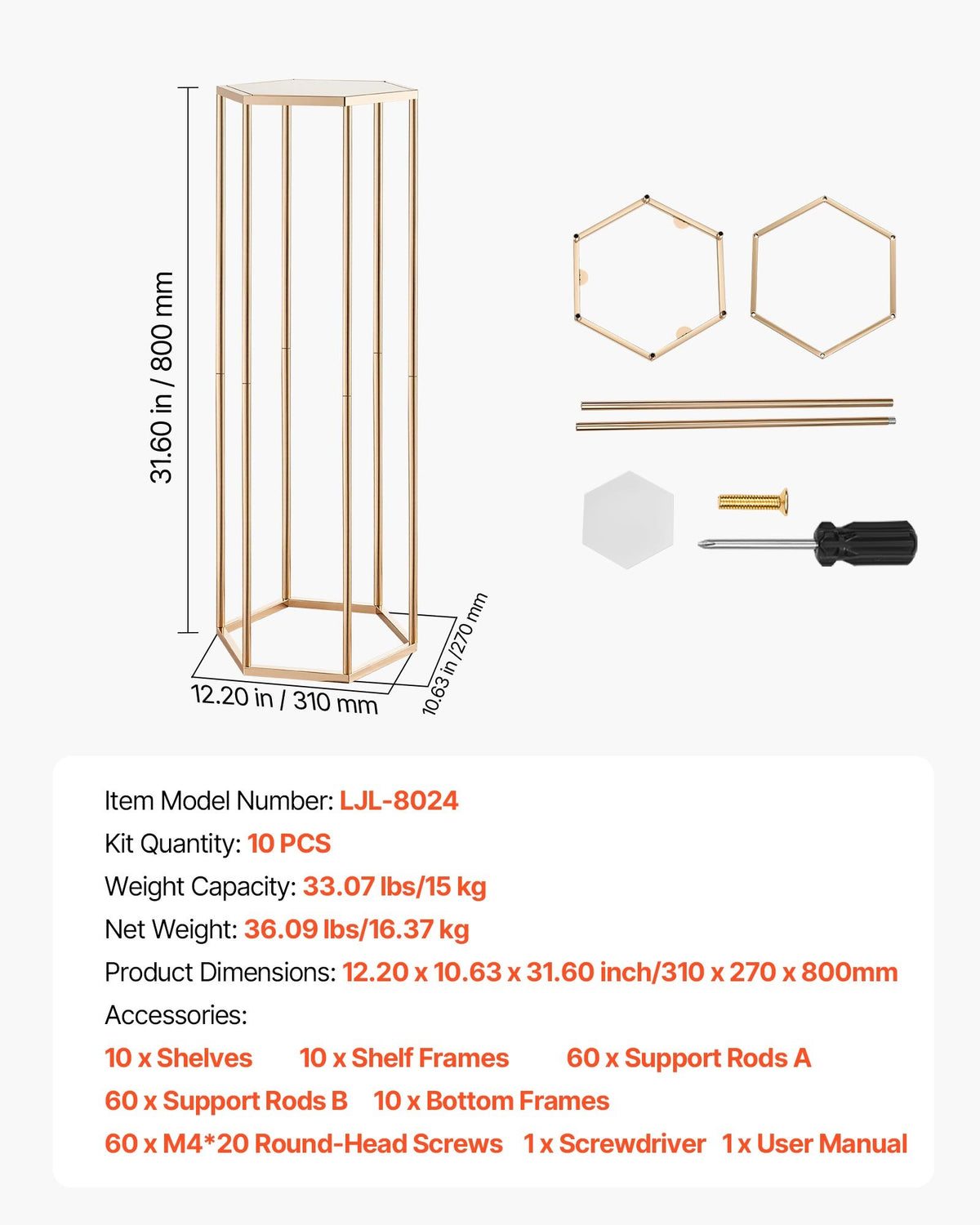 Wedding Flower Stand, 10PCS 80cm Column Flower Stand, Floral Stands with Acrylic Laminate, Hexagonal Cubic Floral Display Rack for Wedding, Party, Birthday, Home, Gold Centerpiece Stands