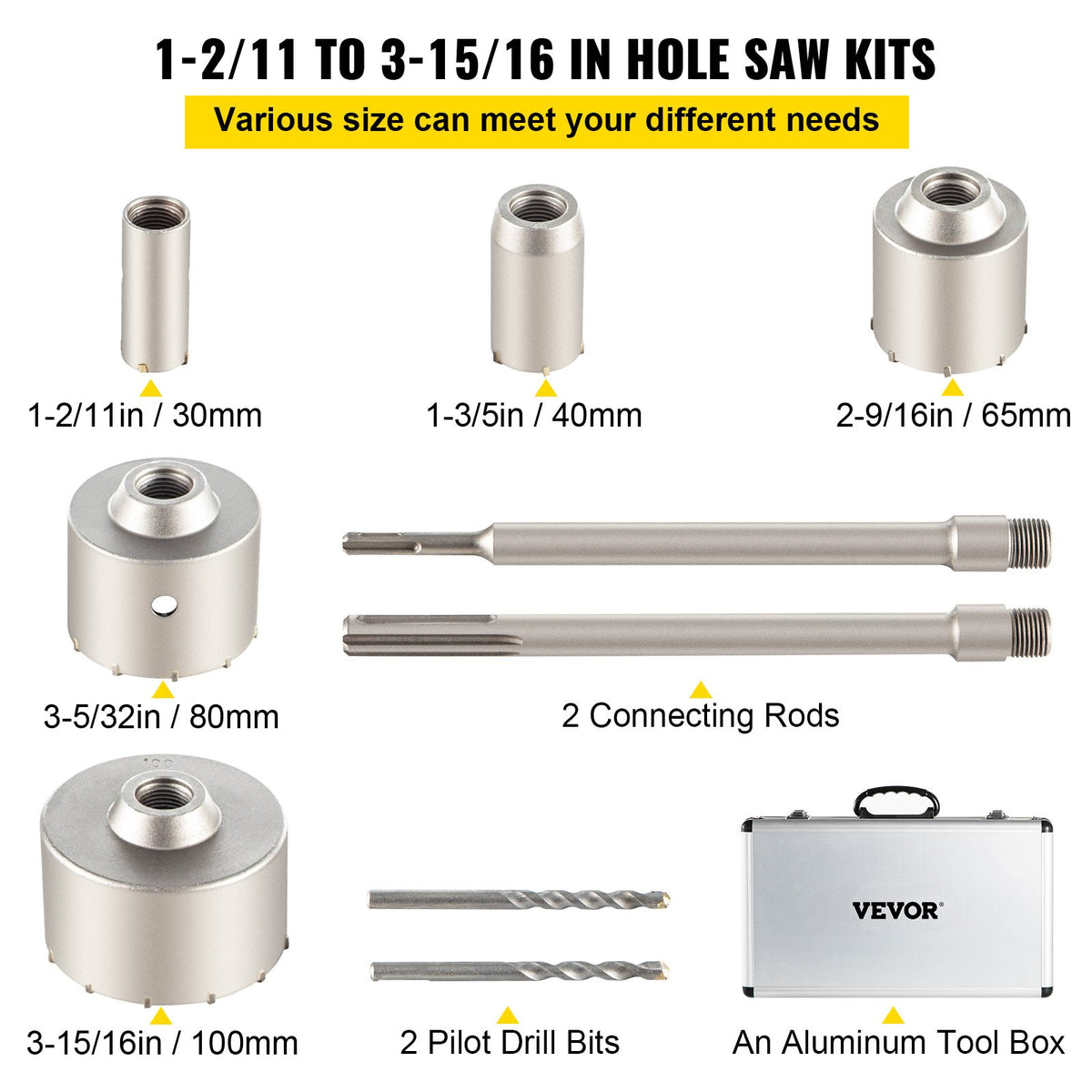 Concrete Hole Saw Kit, 30/40/65/80/100mm Drill Bit Set SDS Plus or SDS Max Shank Wall Hole Cutter with 11.8"/300 mm Connecting Rod for Brick, Concrete, Cement, Stone Wall, Masonry, Tile