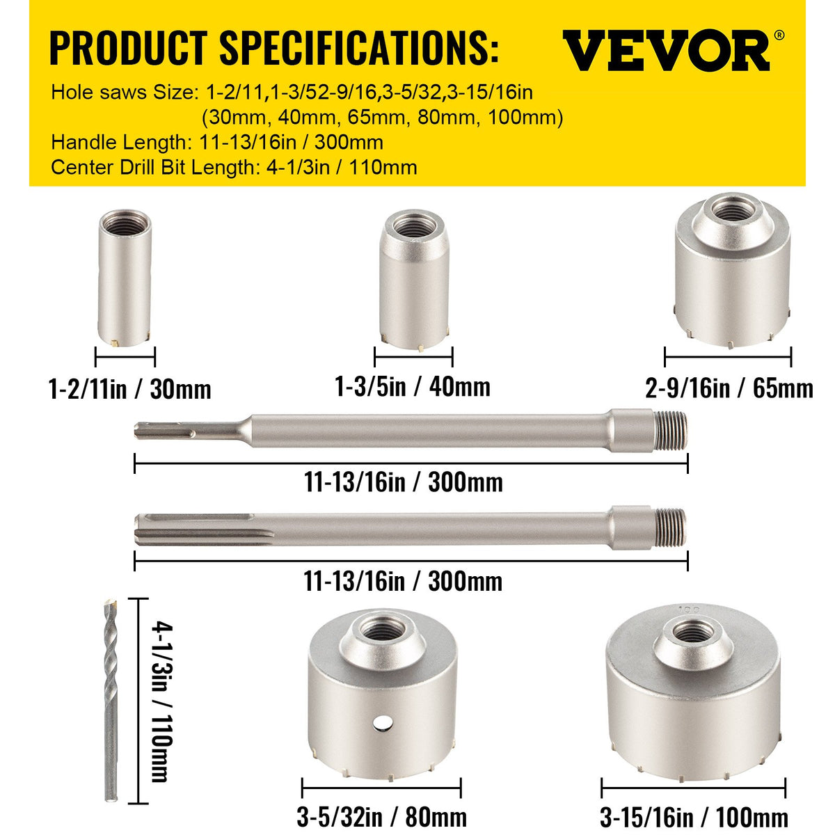 Concrete Hole Saw Kit, 30/40/65/80/100mm Drill Bit Set SDS Plus or SDS Max Shank Wall Hole Cutter with 11.8"/300 mm Connecting Rod for Brick, Concrete, Cement, Stone Wall, Masonry, Tile