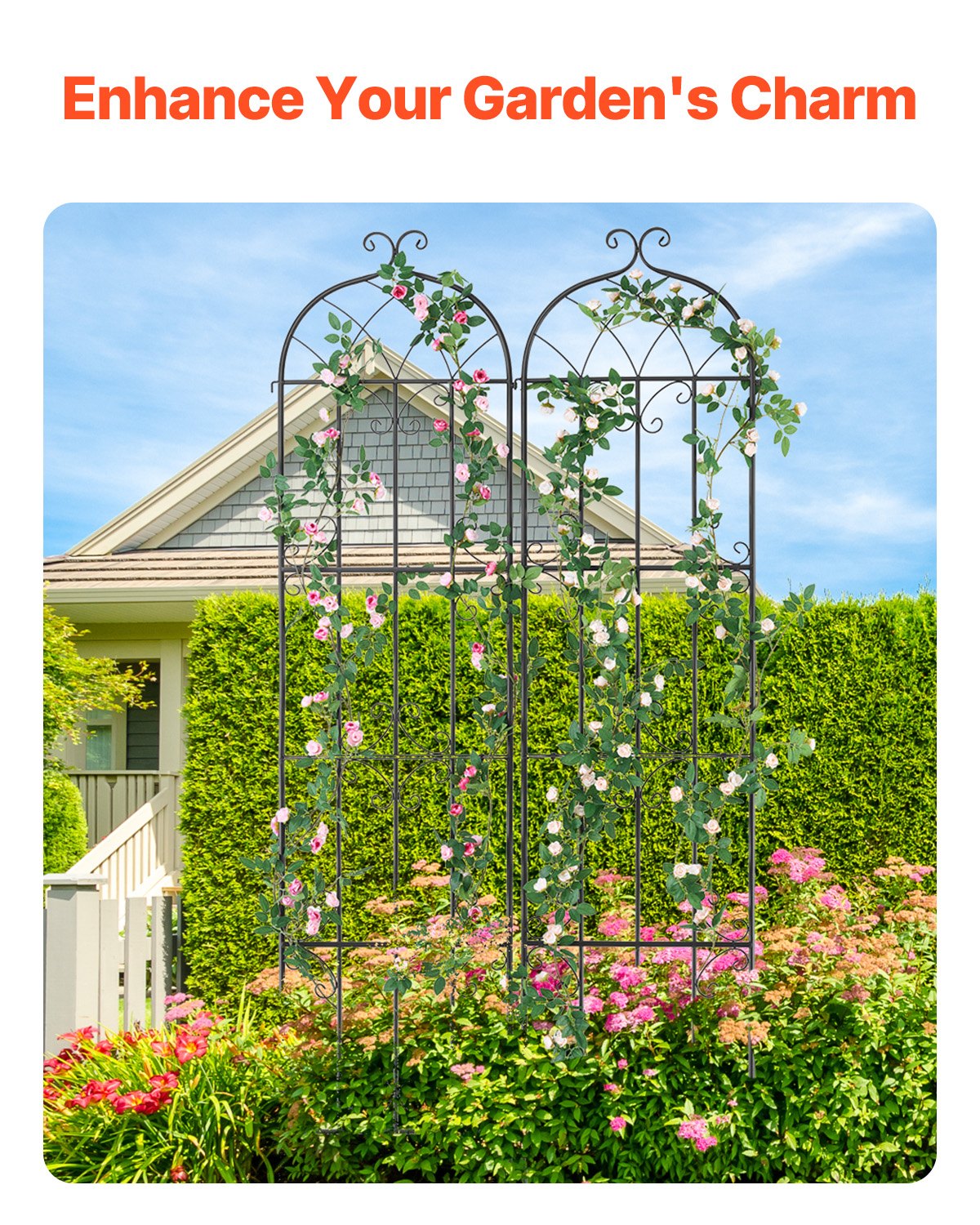 Trädgårdsspaljé för klätterväxter, 87 x 20 tum, 2-pack rostfritt metallspaljé för trädgårdsblommor, stöd för klätterrosor och gurkor, dekorativt klematisspaljé för gårdar och gräsmattor