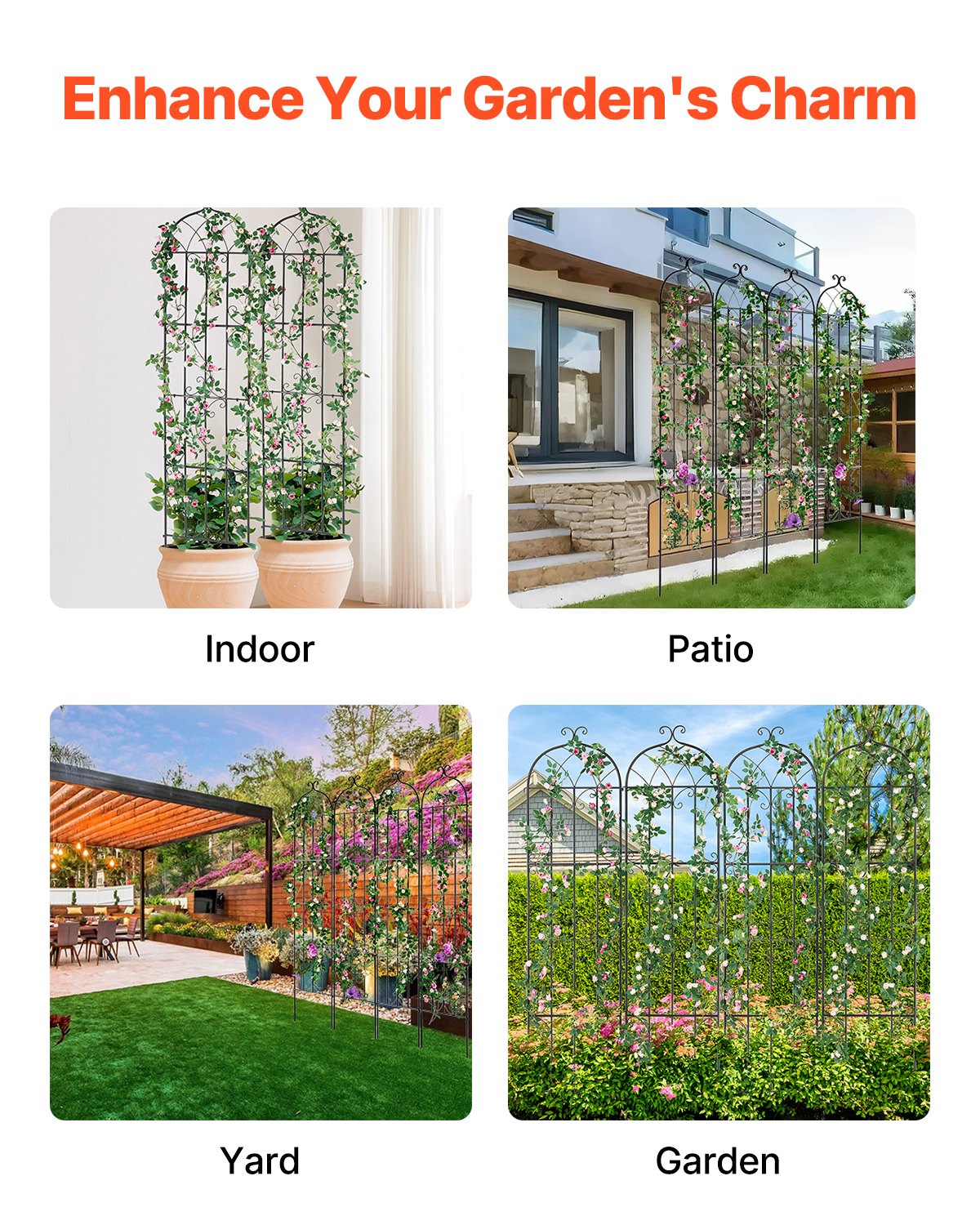 Trädgårdsspaljé för klätterväxter, 87 x 20 tum, 4-pack rostfritt metallspaljé för trädgårdsblommor, stöd för klätterrosor och gurkor, dekorativt klematisspaljé för gårdar och gräsmattor