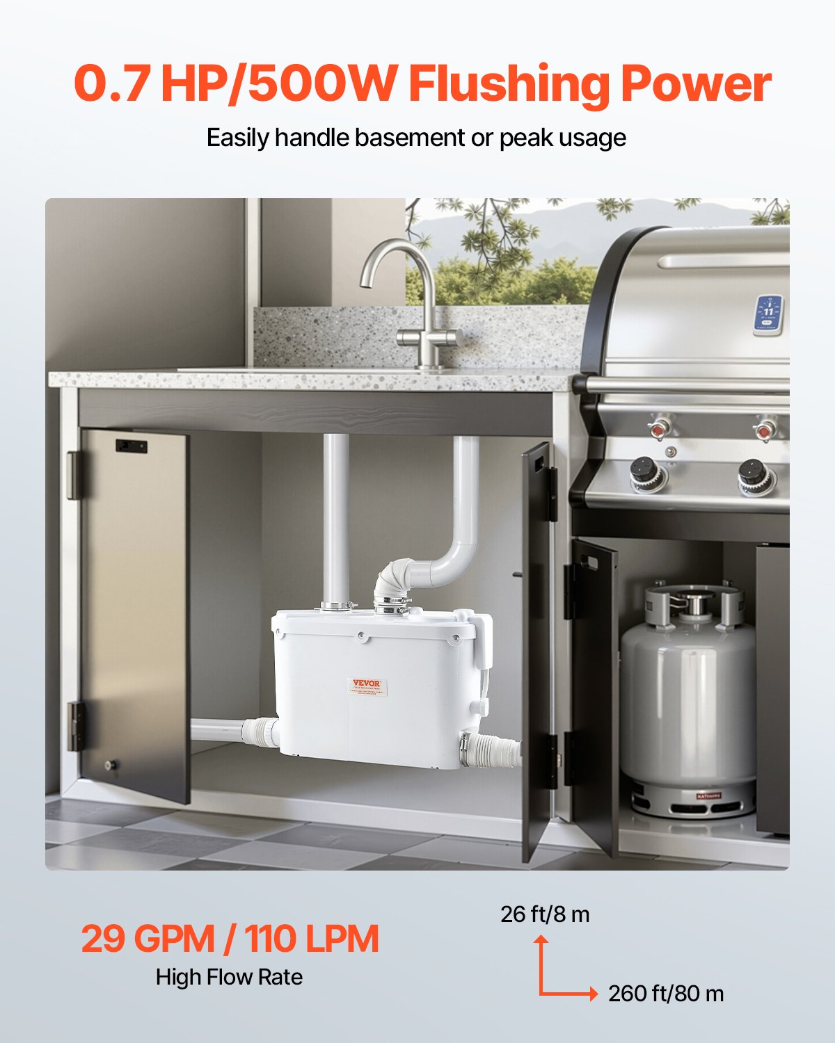 Maceratorpump, 500 W, 110 l/min (29 gpm) flöde, 26 fot/8 m tryck, macerator avloppstoalettpump med 4 vatteninlopp, uppspolningsmaskin för avloppsvattenhantering för kök, källare, dusch, handfat, tvättstuga, badkar