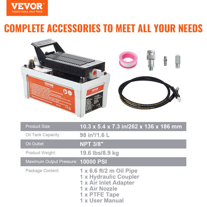 Air Hydraulic Pump, 6895 bar 1.9L Reservoir, NPT 10mm Oil Outlet, NPT 6.4 mm Inlet, 2m Pipe, Foot Actuated Hydraulic Pump Air Treadle for Auto Body Frame Machines and Pulling Post, Gray